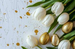 ai gegenereerd een wit tafel met tulpen en goud eieren De volgende naar het foto