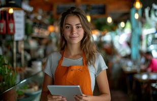 ai gegenereerd een serveerster staand in een restaurant Holding haar tablet computer foto