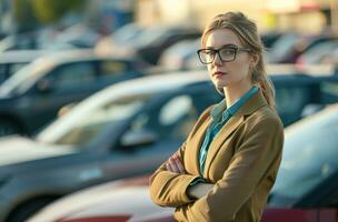 ai gegenereerd een persoon echt landgoed bedrijf vrouw staand in voorkant van auto veel foto