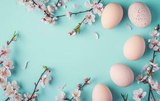 ai gegenereerd een vel met bloem, leeg ei en eieren Aan een blauw achtergrond kopiëren ruimte voor schrijven met blanco papier foto