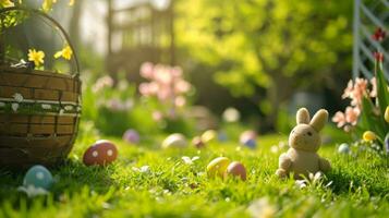 ai gegenereerd een charmant tuin tafereel met Pasen decoraties, creëren een blij atmosfeer voor advertenties foto