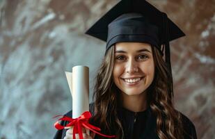 ai gegenereerd een meisje in diploma uitreiking japon is Holding een diploma foto