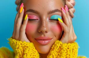 ai gegenereerd een vrouw van haar leeftijd Holding haar gezicht omhoog met kleurrijk nagels foto