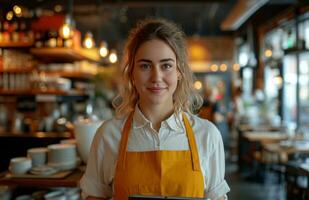 ai gegenereerd barman staand in een restaurant met tablet Aan haar pols foto