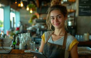 ai gegenereerd barman staand in een restaurant met tablet Aan haar pols foto