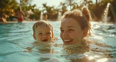 ai gegenereerd baby en mam in zwemmen zwembad lachend en spelen foto