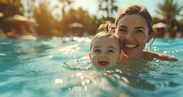 ai gegenereerd baby en mam in zwemmen zwembad lachend en spelen foto