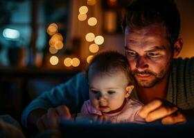 ai gegenereerd vader en baby werken laat Bij nacht foto