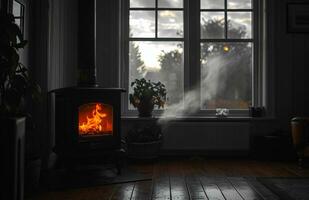 ai gegenereerd een oud hout brandend fornuis in de huis, foto