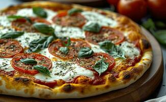 ai gegenereerd een Italiaans stijl pizza dat heeft geweest gemaakt met de meest verse ingrediënten foto