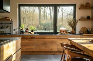 ai gegenereerd moderne stijl houten keuken teller met twee stoelen De volgende naar ramen foto