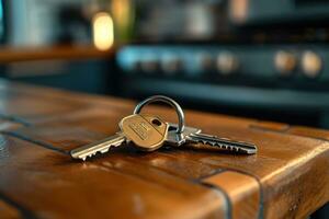 ai gegenereerd sleutel van huis sleutels Aan tafel in keuken foto
