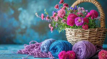 ai gegenereerd garen in mand en bloemen Aan de tafel foto