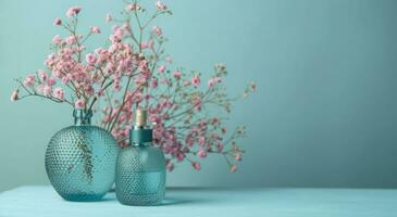 ai gegenereerd parfum fles en bloemen Aan blauw achtergrond foto