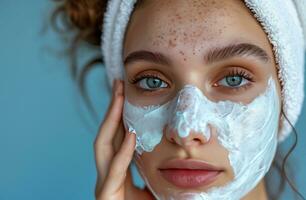 ai gegenereerd vrouw gebruik makend van een gezicht masker Aan haar gezicht terwijl Holding op het foto