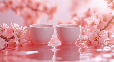 ai gegenereerd twee wit cups zitten in de midden- van een tafel met roze bloeiende foto