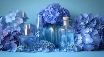 ai gegenereerd divers blauw bloemen en flessen van parfum foto