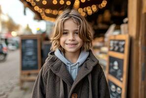 ai gegenereerd deze is een jong jongen glimlachen in voorkant van een koffie winkel foto