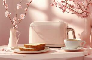 ai gegenereerd wit tosti apparaat met gesneden brood en dienbladen van koffie foto