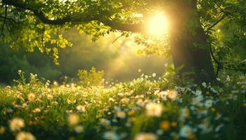 ai gegenereerd een zonnig voorjaar dag met bloemen en bomen foto