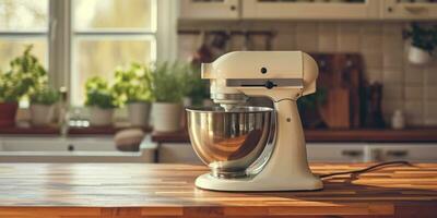 ai gegenereerd een keuken menger met een houten top is zittend Aan top van een houten teller foto