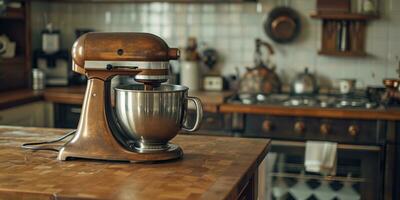 ai gegenereerd een keuken menger met een houten top is zittend Aan top van een houten teller foto