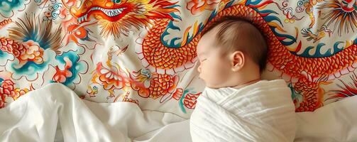 ai gegenereerd slapen Aziatisch baby Aan bed. Chinese nieuw jaar concept. foto