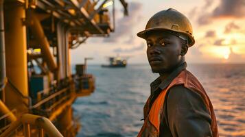 ai gegenereerd Afrikaanse industrieel arbeider in de olie buis station Bij zee foto