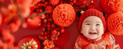 ai gegenereerd schattig Aziatisch baby in Chinese traditioneel jurk. gelukkig Chinese nieuw jaar concept. foto