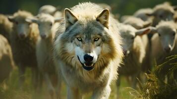 ai gegenereerd wolf in voorkant van kudde van schapen. foto