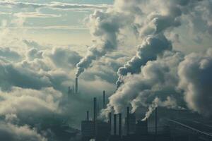 ai gegenereerd beeld van fabriek pijpen lucht vervuiling naar natuur en milieu foto