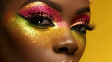 ai gegenereerd een detailopname, foto van een vrouw oog Oppervlakte met helder en kleurrijk bedenken