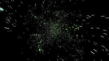 donker achtergrond. beweging.groen vliegend deeltjes in tekenfilm animatie dat creëren ruimte draaiend in de omgeving van. foto