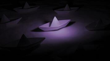 papier boot in donker ruimte. ontwerp. papier boten staan Aan water met gekleurde licht. 3d animatie met papier boten en dramatisch gevoel foto