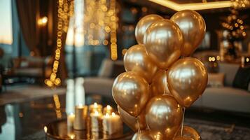ai gegenereerd een tintje van gouden aantrekkingskracht met ballonnen, kaarsen, en decoraties voor een geavanceerde verjaardag affaire foto