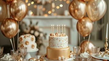 ai gegenereerd een tintje van gouden aantrekkingskracht met ballonnen, kaarsen, en decoraties voor een geavanceerde verjaardag affaire foto