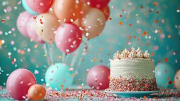 ai gegenereerd ballonnen, confetti, en een verrukkelijk taart reeks de verjaardag viering stadium foto