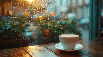 ai gegenereerd koffie kop in de regen Aan een venster dorpel foto