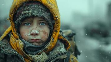 ai gegenereerd portret van een jongen verdrietig dakloos in een geel jasje in de sneeuw. foto