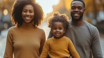 ai gegenereerd gelukkig Afrikaanse Amerikaans familie op zoek Bij camera terwijl wandelen in stad foto