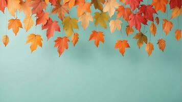 ai gegenereerd een draad van herfst blad hangende van een plafond Aan een pastel blauw achtergrond foto