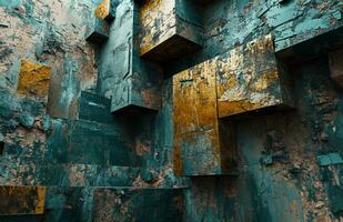 ai gegenereerd abstract behang, abstract muur kunst, abstract gd, industrieel brutalist, donker cyaan en bronzen foto