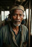 ai gegenereerd verhalen van de zee vastleggen de essence van een Indonesisch visser foto