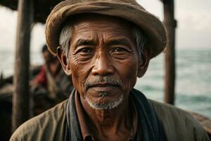 ai gegenereerd verhalen van de zee vastleggen de essence van een Indonesisch visser foto