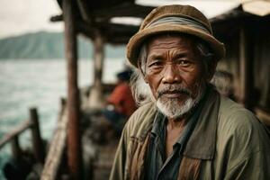 ai gegenereerd verhalen van de zee vastleggen de essence van een Indonesisch visser foto