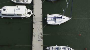 zeilboten afgemeerd in de haven, een veel van mooi jachten. top visie Aan jachten en boten afgemeerd in de haven foto