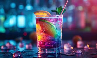 ai gegenereerd regenboog gekleurde cocktail met drinken stok is Aan de tafel Bij nachtclub foto