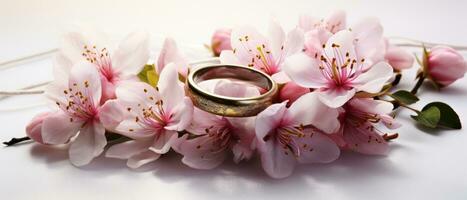 ai gegenereerd roze bloemen en twee gouden bruiloft ringen Aan realistisch 3d generatief ai foto