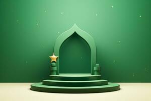 ai gegenereerd groen minimalistische podium met sterren, Ramadan kareem thema foto