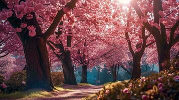 ai gegenereerd een fotograaf van een kers bloesem gevulde park exploderend met levendig roze tinten foto